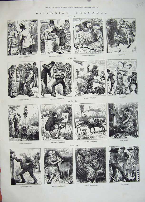 Original Old Antique Print 1883 Pictorial Charades Animals People Country Birds