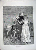 Old Antique Print 1883 Christmas Children Deer Basket Christmas Tarrant 19th