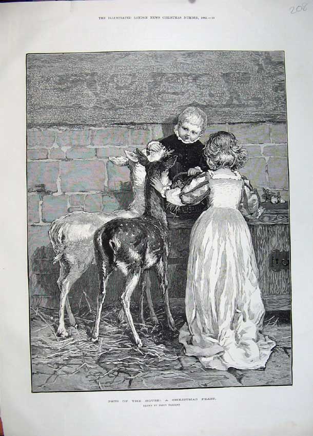 Old Antique Print 1883 Christmas Children Deer Basket Christmas Tarrant 19th