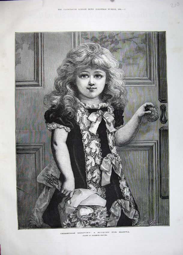 Old Antique Print 1883 Christmas Little Girl Bouquet Flowers Mother Art 19th
