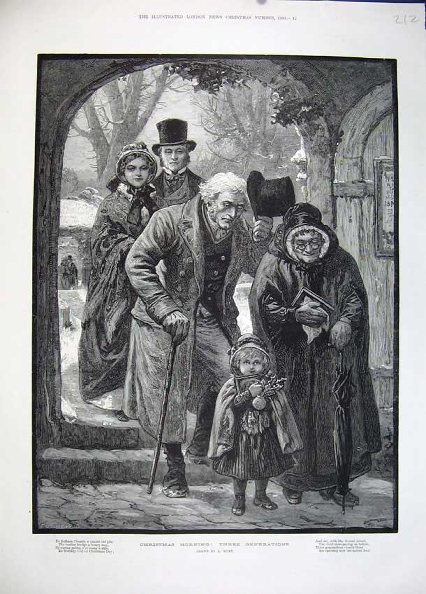 Original Old Antique Print 1883 Christmas Morning Family Man Woman Children