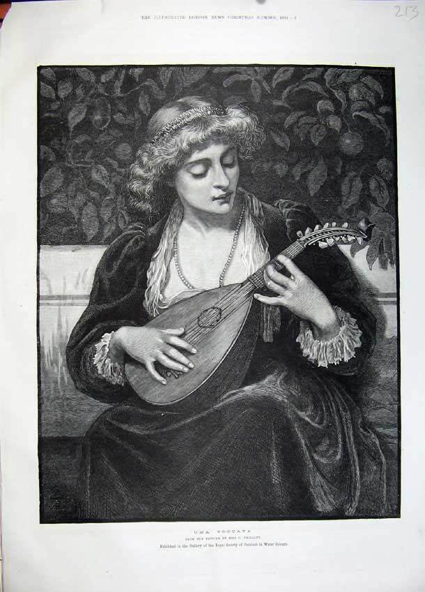 Original Old Antique Print 1883 Una Toccata Beautiful Woman Music Phillott Art