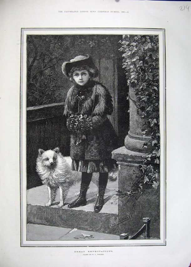 Original Old Antique Print 1883 Little Girl Puppy Dog Door Step Winter Fine Art