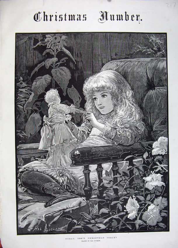 Original Old Antique Print Christmas 1883 Little Girl Dolly Flowers Ludlow Art