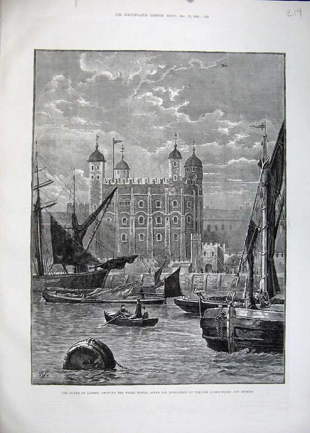 Old Antique Print 1883 Tower London White Buildings Sailing Ship Fine Art 19th