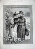 Original Old Antique Print 1883 Christmas Roses Beautiful Women Winter Snow Art