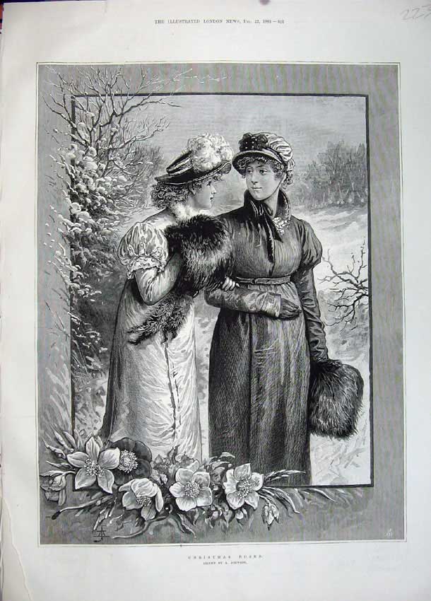 Original Old Antique Print 1883 Christmas Roses Beautiful Women Winter Snow Art