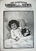Original Old Antique Print 1883 Christmas Fine Art Little Boy Bed Kitten Cat