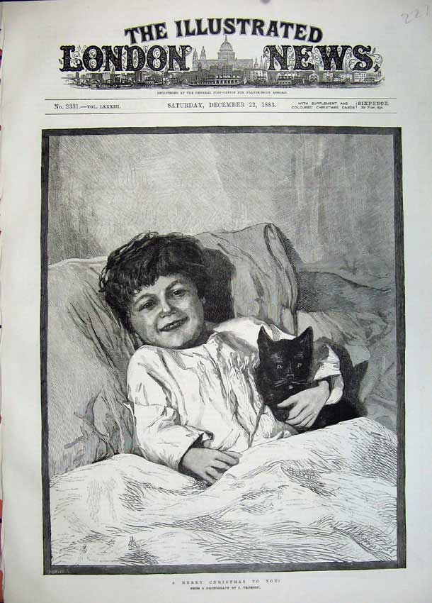 Original Old Antique Print 1883 Christmas Fine Art Little Boy Bed Kitten Cat