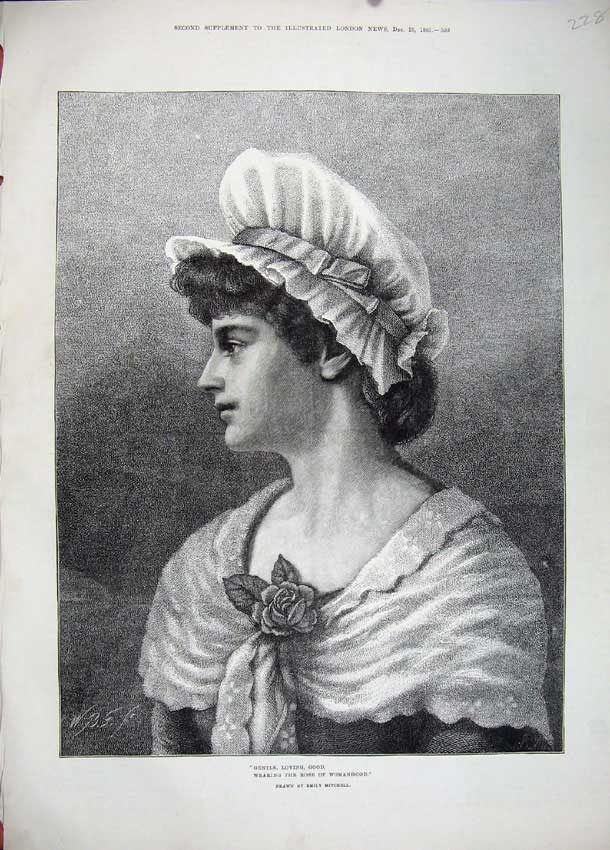 Original Old Antique Print 1883 Portrait Beautiful Woman Rose Mitchell Art 19th