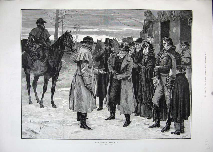 Old Antique Print 1883 King'S Highway Horse Carriage Snow People Fine Art 19th