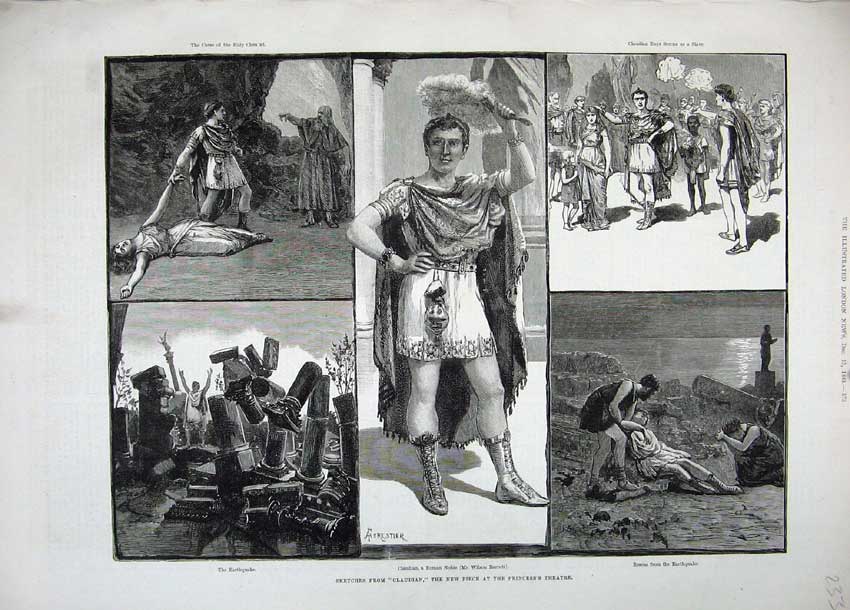 Old Antique Print 1883 Claudian Princess Theatre Roman Noble Earthquake 19th