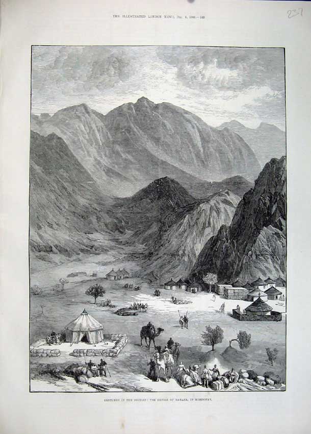 Old Antique Print 1883 Mountains Soudan Defile Haraza Kordofan Camels Art 19th