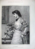 Original Old Antique Print 1883 Portrait Beautiful Woman Flowers Letter 19th