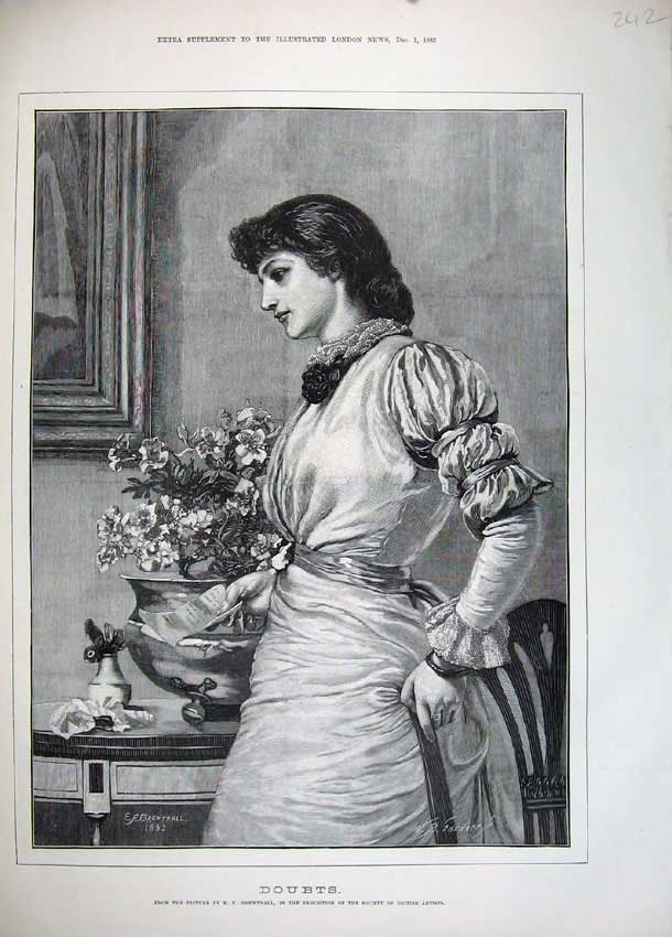 Original Old Antique Print 1883 Portrait Beautiful Woman Flowers Letter 19th