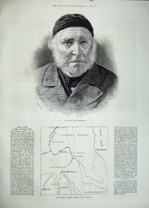 Original Old Antique Print 1883 Lord Overstone Map Central Region Soudan 19th