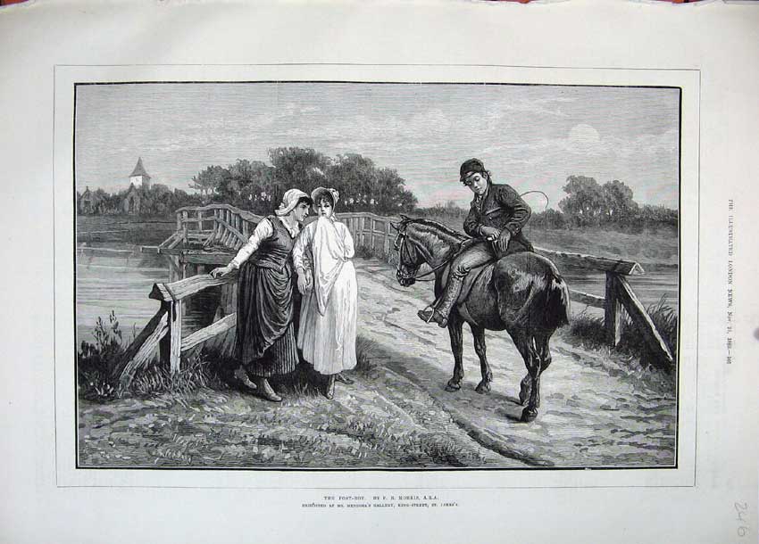 Original Old Antique Print 1883 Post Boy Horse River Bridge Young Women Mendoza