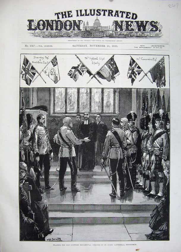 Old Antique Print 1883 Scottish Kilts Army Giles Cathedral Edinburgh Art 19th