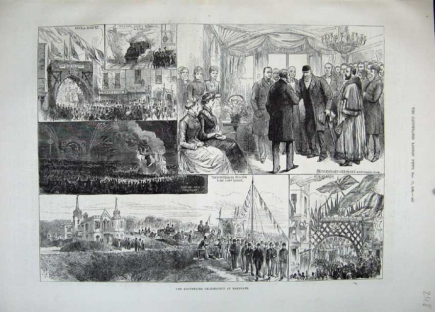 Original Old Antique Print 1883 Montefiore Celebration Ramsgate Train King Arch