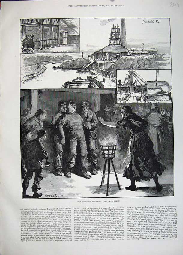 Original Old Antique Print Colliery Explosion Accrington 1883 Mining Shaft Art