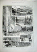 Original Old Antique Print Yellowstone Park America 1883 Geyser Fishing Springs