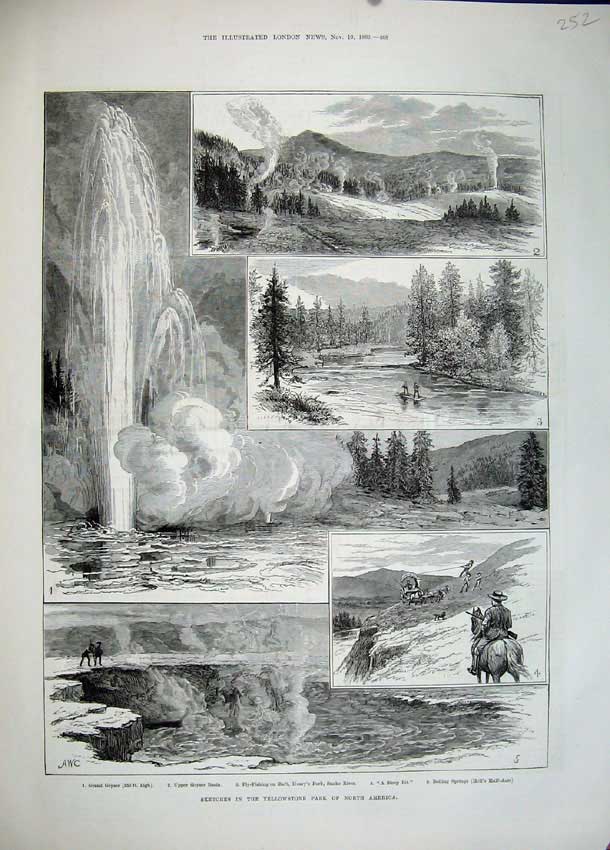 Original Old Antique Print Yellowstone Park America 1883 Geyser Fishing Springs
