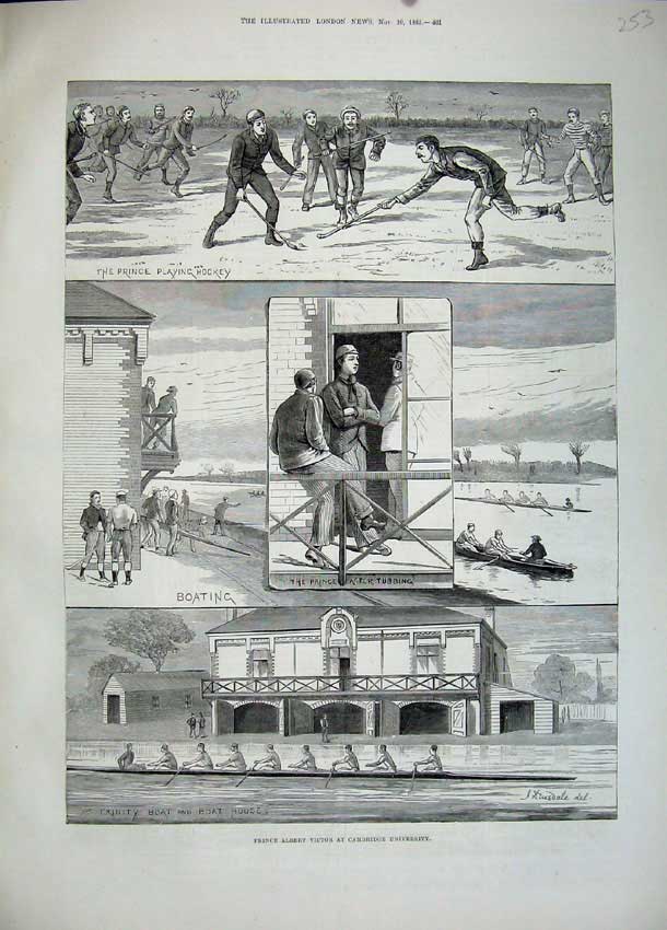 Old Antique Print 1883 Prince Victor Cambridge University Boat Hockey Men 19th
