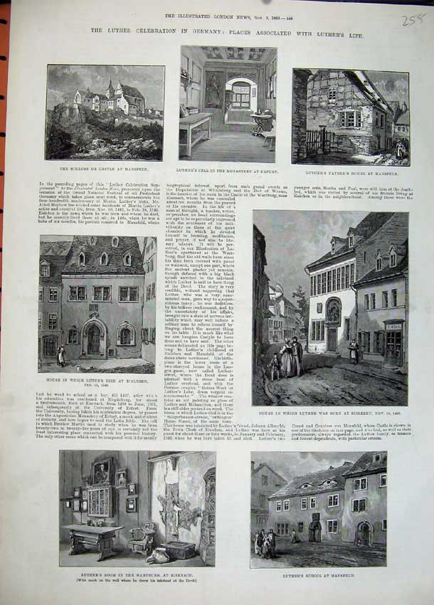 Old Antique Print Luther Germany 1883 Schloss Castle Mansfield Eisleben 19th