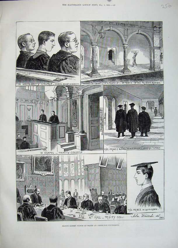 Old Antique Print Prince Victor Cambridge University 1883 Church Trinity 19th