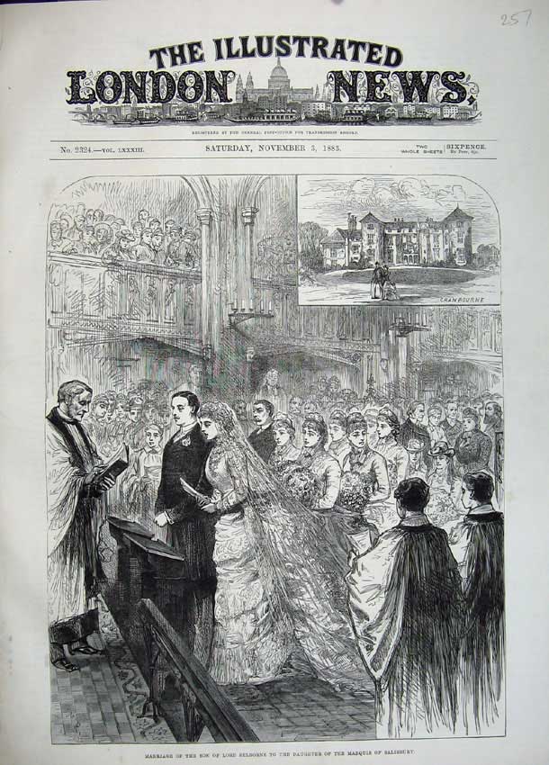 Old Antique Print 1883 Marriage Lord Selborne Marquis Salisbury Daughter 19th