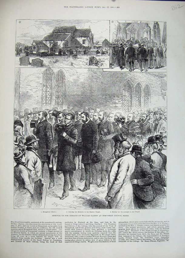Old Antique Print 1883 Body William Harvey Hempstead Church Essex Chapel 19th