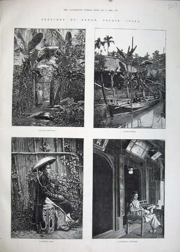 Old Antique Print 1883 Annam Cochin China Village River Native Lady Art 19th