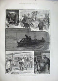 Original Old Antique Print 1883 America Shad Fishing Delaware Net Boat Men Art