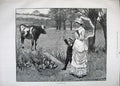Original Old Antique Print 1883 Country Scene Woman Young Boy Cow Bull Fine Art