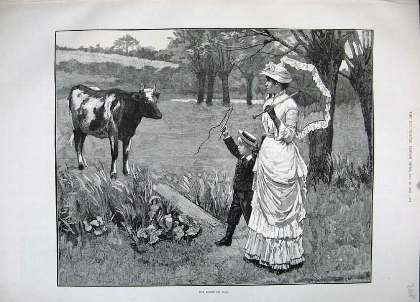 Original Old Antique Print 1883 Country Scene Woman Young Boy Cow Bull Fine Art
