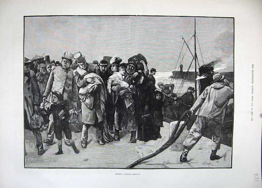Original Old Antique Print 1883 Families Ship Dock Children Rope Sea Fine Art