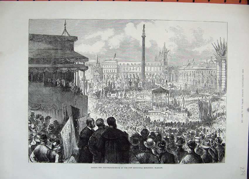 Old Antique Print 1883 Foundation Stone New Municipal Buildings Glasgow 19th