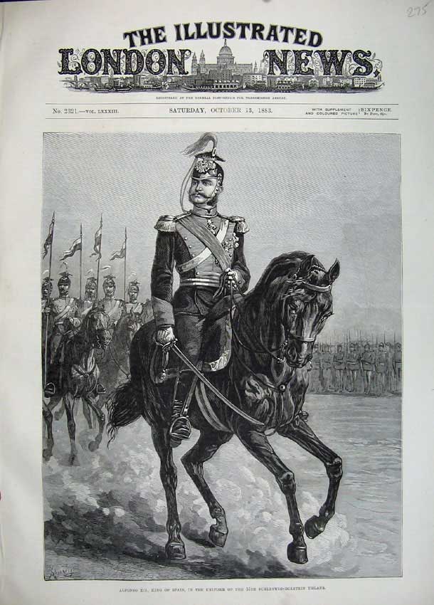Old Antique Print 1883 Alfonso King Spain Uniform Schleswig-Holstein Army 19th