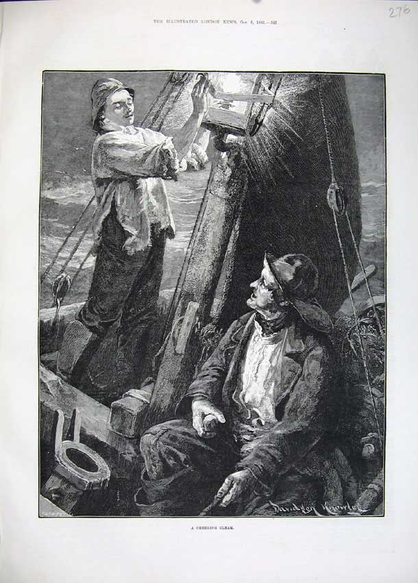 Old Antique Print 1883 Knowles Fine Art Men Fishing Boat Sea Lamp Light 19th