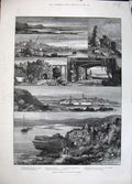 Antique Old Print 1883Berwick-Upon-Tweed Castle Railway Lighthouse Candle 19th