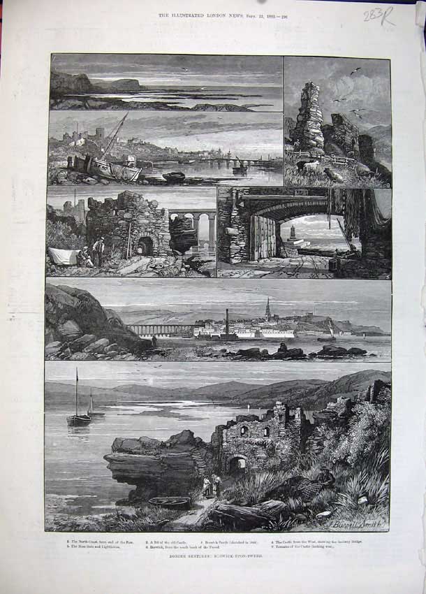 Antique Old Print 1883Berwick-Upon-Tweed Castle Railway Lighthouse Candle 19th