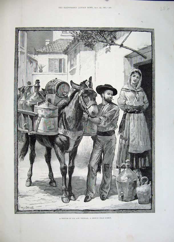 Old Antique Print 1883 Vendor Oil Vinegar Lisbon Portugal Salesman Donkey 19th