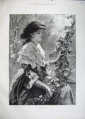 Original Old Antique Print 1883 Maid Kent Beautiful Woman Flowers Knowles Art