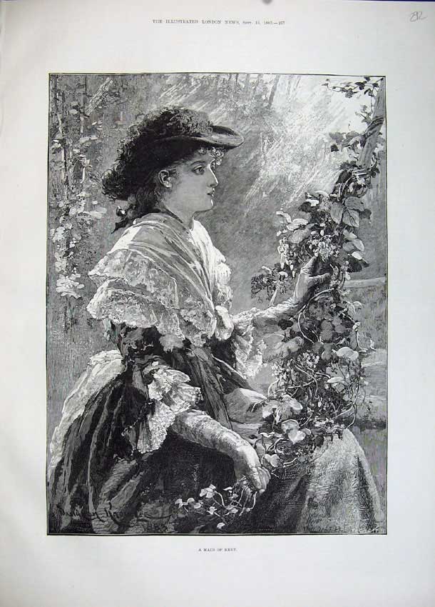 Original Old Antique Print 1883 Maid Kent Beautiful Woman Flowers Knowles Art