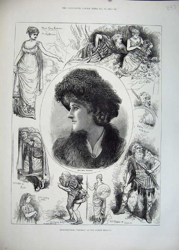 Original Old Antique Print Ingomar Lyceum Theatre 1883 Mary Anderson Barnes Art