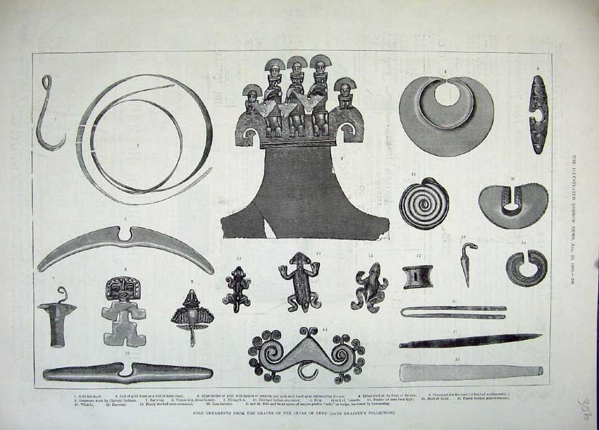 Original Old Antique Print 1883 GOrnaments Graves Incas Peru Lady Brassey 19th