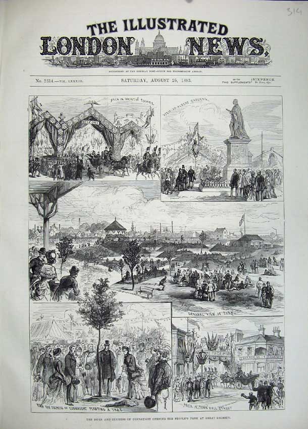 Old Antique Print 1883 Duke Duchess Connaught Peoples Park Grimsby Tree 19th