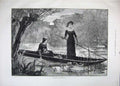 Original Old Antique Print Fine Art 1883 Women River Boat Water Lilies Flowers