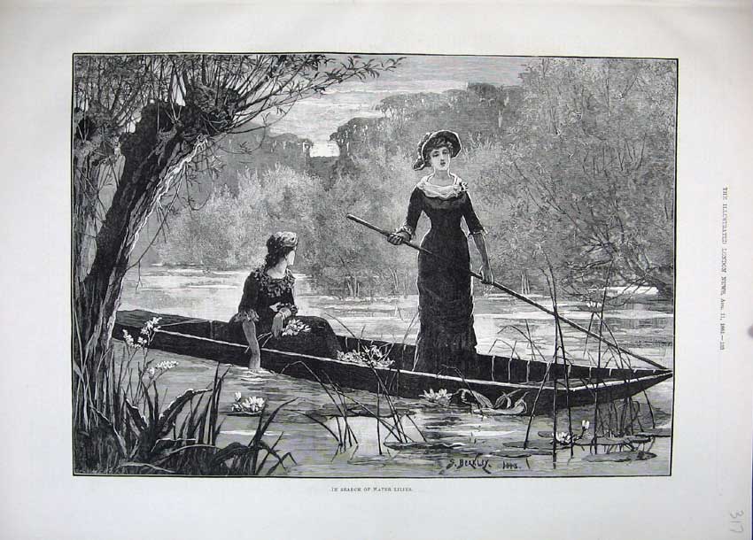 Original Old Antique Print Fine Art 1883 Women River Boat Water Lilies Flowers