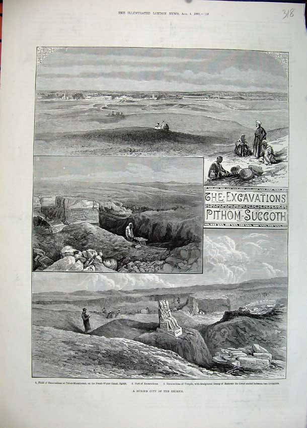 Old Antique Print 1883 Excavations Pithom Suggoth Canal Egypt Temple Art 19th